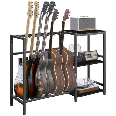 Guitar Stand, Guitar Holder for 5 & 6 String Instruments, Fits Acoustic Guitar & Bass, Guitar Rack with Shelves for Record Player, Equipped with Non-Slip Rubber Pads