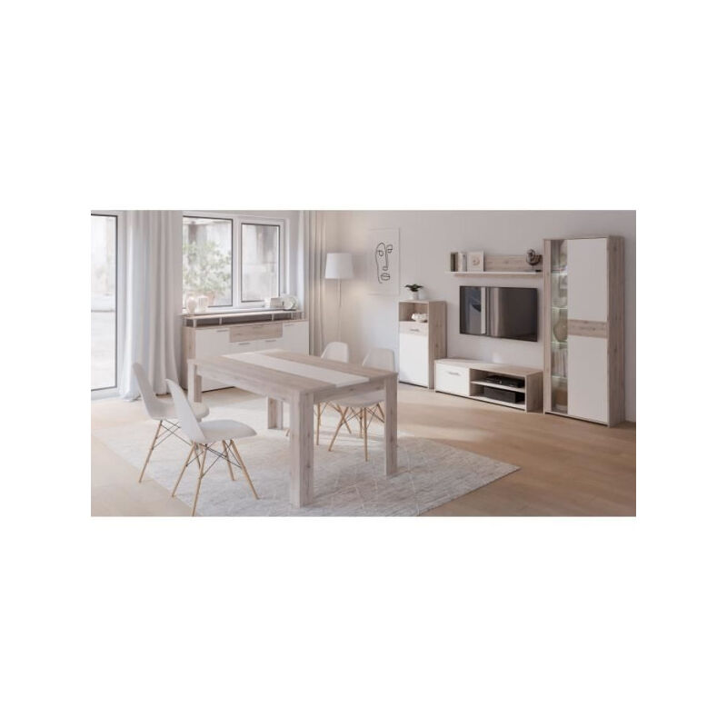Les Tendances - gulada Ensemble meuble télé - buffet 170cm - table a manger 160cm - Contemporain - Blanc et décor chene