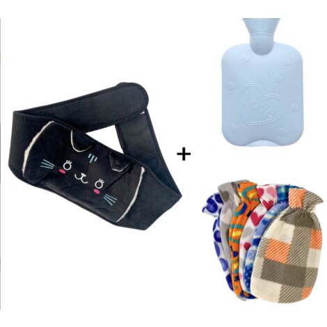 Gummi-Wärmflasche mit Taillenwärmer, weichem Plüschbezug, süßes Einhorn, lindert Arthritis-Schmerzen, Kopfschmerzen, Therapie und Erkältung, —— schwarze Katze 3-teiliges Set