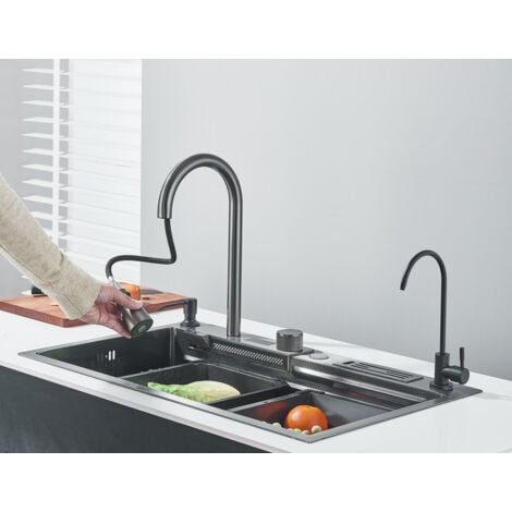 ONYZPILY Gun Gray 304 Edelstahl Wasserfall Single Bowl Kitchen Spüle Hot & Cold Pull-Out Wasserhahn, verdeckte Messerhalter Box, Knob Control Workstation Spüle Cup Washer, Basin, Drainage Basket & Accessories