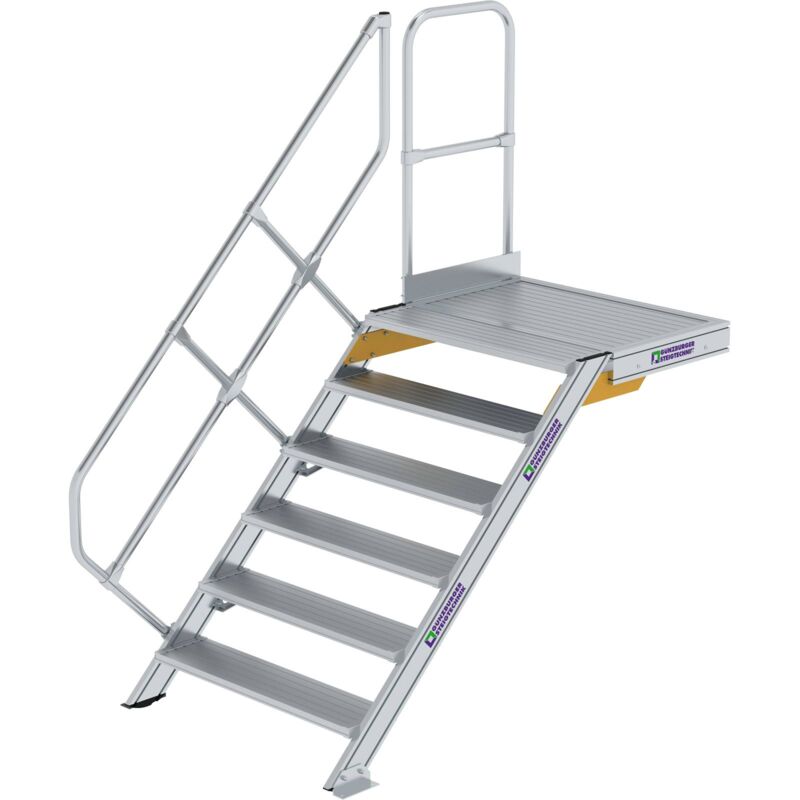 Escalier avec plate-forme 45° Largeur de marche 1.000 mm 6 marches aluminium strié - 600466 - Günzburger Steigtechnik