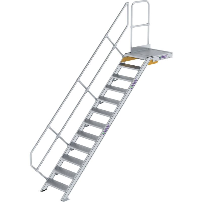 Escalier avec plate-forme 45° Largeur de marche 600 mm 12 marches aluminium strié - 600432 - Günzburger Steigtechnik