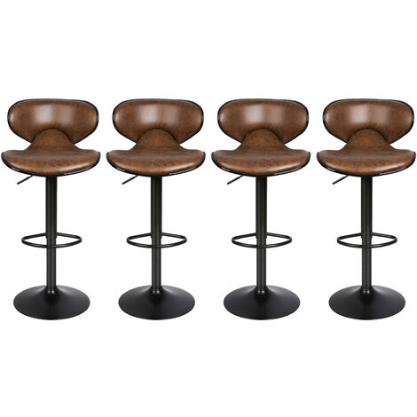 GUOYIHUA® 4 x Tabouret de Bar Industrielle Vintage, Chaise de Bar en Cuir et Métal, Rotatif à 360°et Hauteur Réglable 55-75cm, Siège Cuisine avec Dossier et Repose-Pieds, Charge Max 150kg (Brun)
