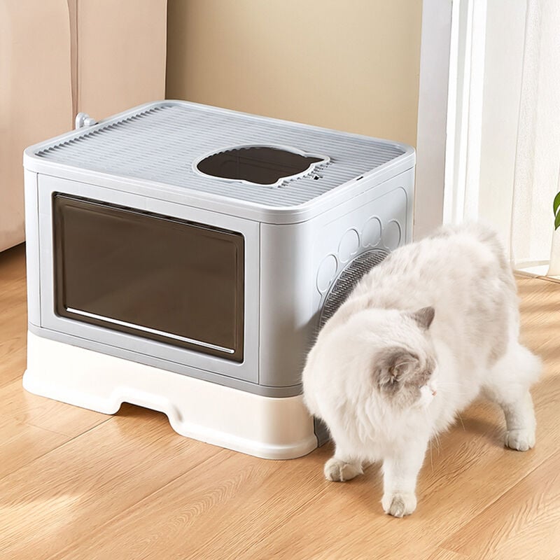 Aqrau Maison de Toilette pour Chat avec couvercle à fentes,Bac à Litière pour Chat, Plateau Amovible, Pelle, Brosse de massage,gris