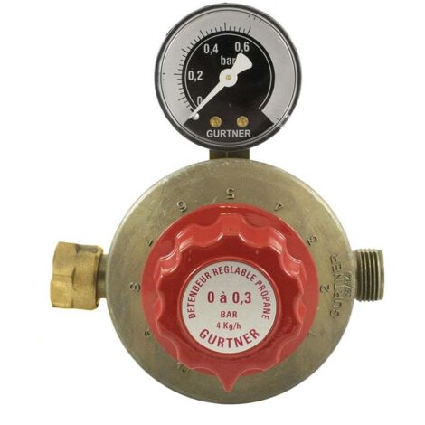Gurtner – Détendeur gaz réglable propane 4 kg/h – Manomètre 0 à 300 mbar – Entrée écrou 20x150 – Sortie M20x150 – Applications professionnelles