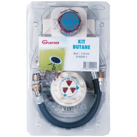 Gurtner – Kit butane 2 bouteilles – Débit 1,3 kg/h – Détendeur inverseur 28 mbar – Longueur flexible 340 mm – Norme NF