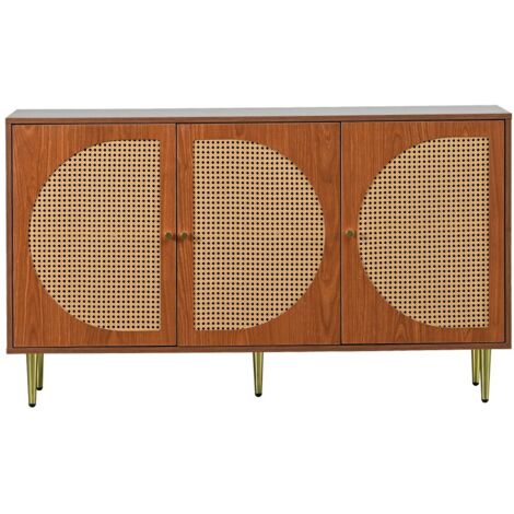 Gutent – Buffet en panneau de particules 129.8x40x76 cm – 3 portes en rotin avec poignées métal – Couleur noyer – Rangement spacieux