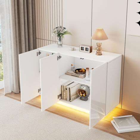 Gutent – Buffet moderne blanc brillant avec éclairage LED – 120 x 40 x 75 cm – Étagères réglables – Pour espaces de vie et environnements humides