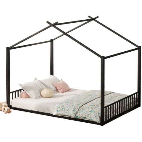 Gutent – Lit enfant 140x200 cm en fer noir – Structure robuste en forme de maison – Capacité 150 kg – Épaisseur de matelas 15-20 cm
