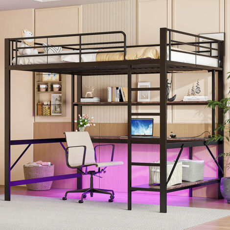 Gutent – Lit superposé 140x200 cm en métal et MDF – Éclairage LED 7 couleurs – Prises électriques et ports USB – Bureau intégré – Noir