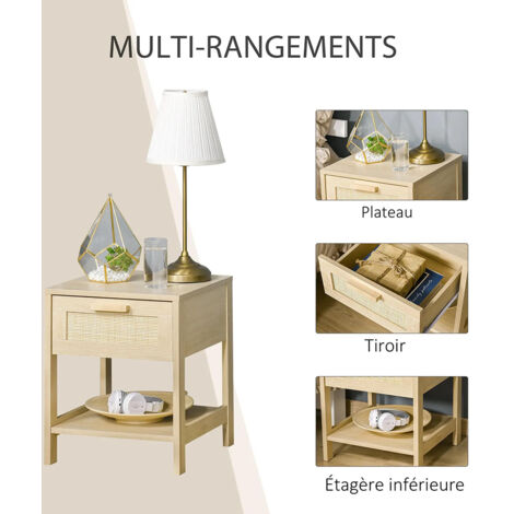 Gutent – Table de chevet en MDF et rotin – Tiroir et étagère – Dimensions 40 L x 40 P x 48 h cm – Aspect bois naturel clair