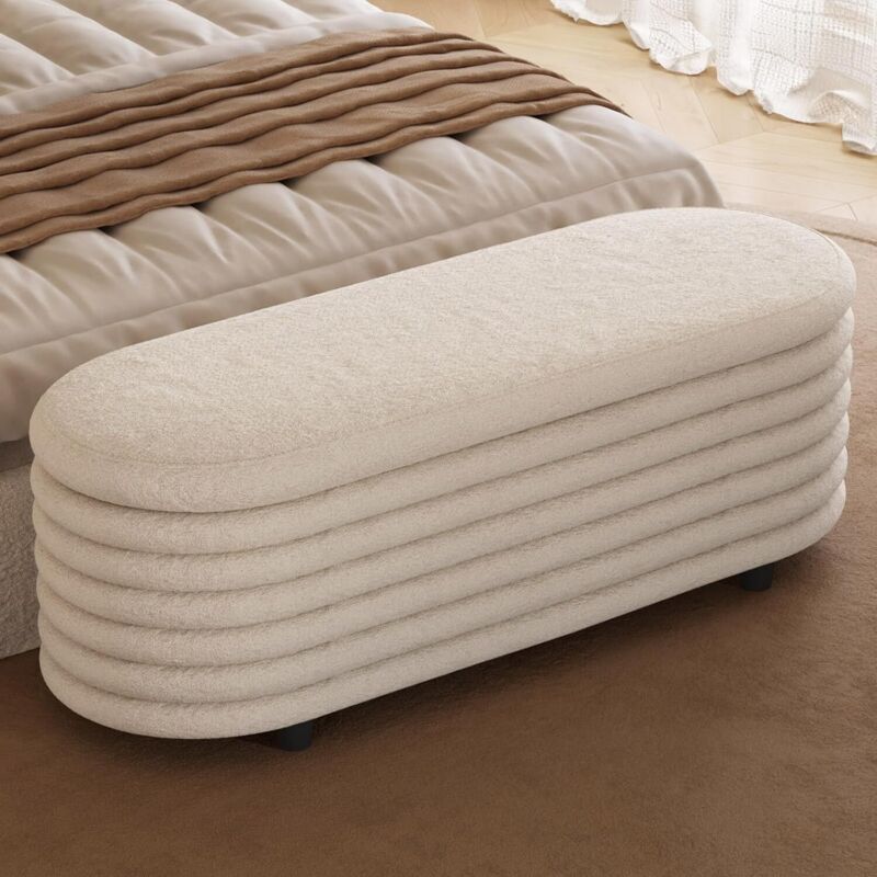 Banc de rangement ovale rembourré – Grand coffre de rangement 105,5 x 34 x 30,5 cm – Tissu en fausse laine d'agneau – Supporte jusqu'à 150 kg