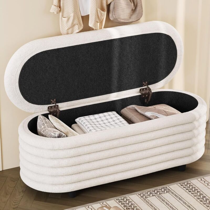 Guyii Banc de Rangement Ovale, Tabouret Repose-Pieds Rembourré avec Grand Compartiment Caché, Banc de Bout de Lit pour Chambre, Salon, Beige
