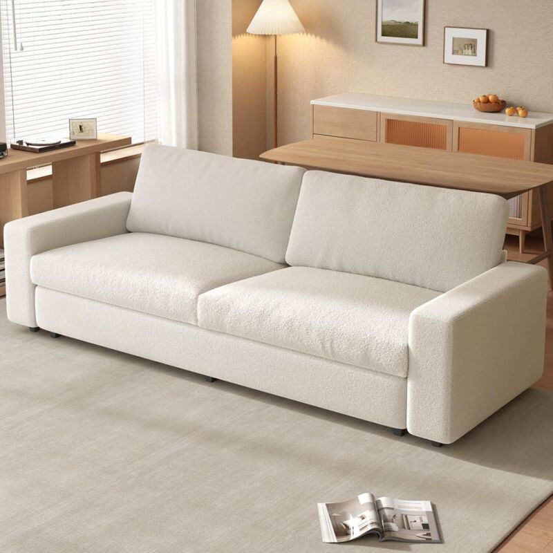Canapé 2 places moderne en tissu teddy – Dossier haut et accoudoirs larges – Confort optimal pour salon et petits espaces – Blanc