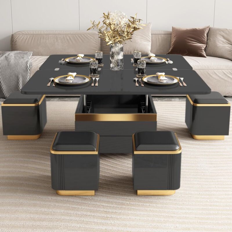 Table basse relevable avec plateau en verre – 4 tabourets de rangement intégrés – Design moderne pour salon et salle à manger
