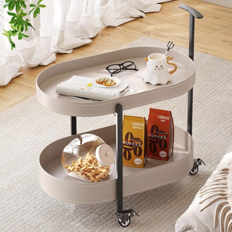 Guyii Table de bar utilitaire en métal à 2 niveaux, chariot de service à roulettes avec poignée, table d'appoint de canapé avec roulettes pour petit