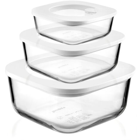 Guzzini - Kitchen Active Design, STORE&MORE GLASS Set 3 Contenitori Ermetici in Vetro per Frigo/Freezer/Microonde - Trasparente, 19,5x19,5xh9,3 cm  410/965/1900 cc - 11330311
