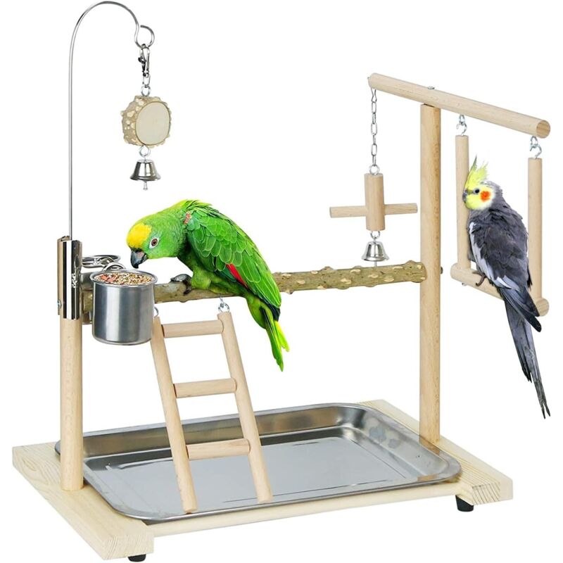Gymnase en bois naturel – aire de jeux complète pour perruches, calopsittes et perroquets