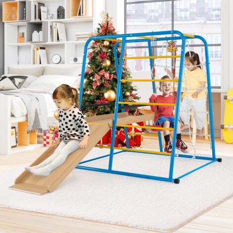 Gymnase Intérieur 6-en-1 Ensemble de Jeu Montessori avec Toboggan Balançoire Barres de Singe Échelle d'Escalade pour 3+ Ans Multicoloré