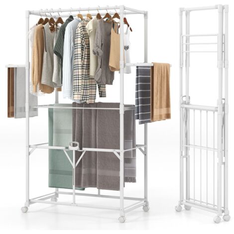 H-shaped Clothes Drying Rack Collapsible Hanging Dryer Stand w/2 Folding Shelves