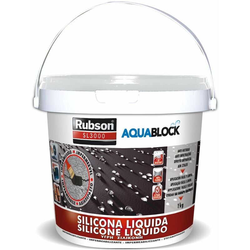 EHS - Rubson Aquablock Silicone Liquido SL3000, Facile e Sicuro da Usare, per Impermeabilizzazione e Riparazione di Tetti e Coperture Piani e