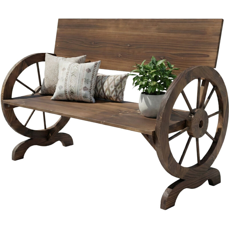 H x L x P : 80 x 114 x 58 cm, 2 places, banc en bois avec dossier, accoudoirs roue, marron