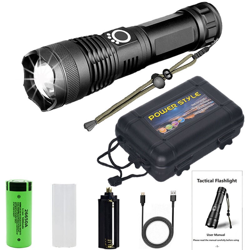 Hoopzi - H002 Ultra Powerful Tactical led Flashlight 4000 High Lumens Super Bright Zoomable usb Rechargeable 5 Modes with Battery Included for