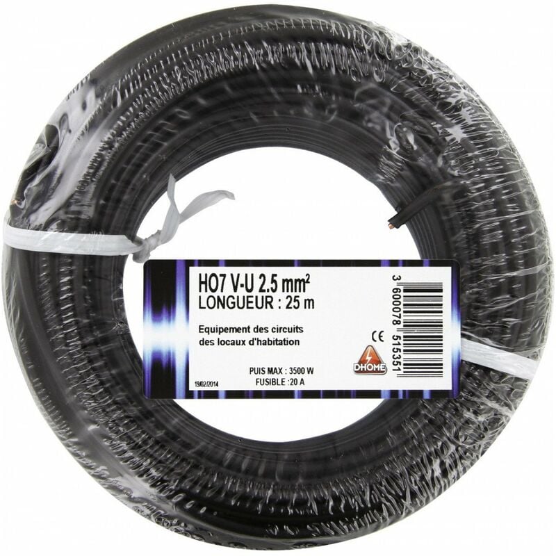 Dhome - Fil électrique H07 v-u 2,5 mm² 25 mêtres noir