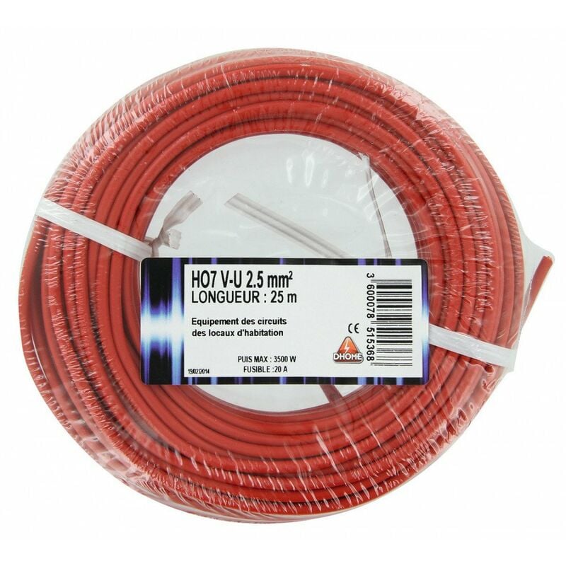 Dhome - Fil électrique H07 v-u 2,5 mm² 25 rouge