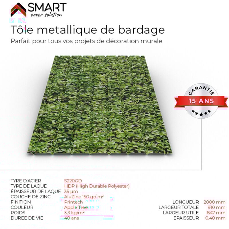 Tôle bac acier - Toiture - Couverture - plaque H12 Coloris Apple Tree Printech Dimensions 2000x910x0.40mm