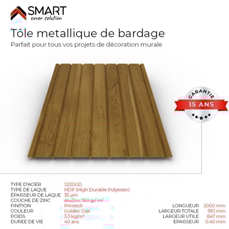 Tôle bac acier - Toiture - Couverture - plaque H12 Coloris Golden Oak Printech Dimensions 2000x910x0.40mm