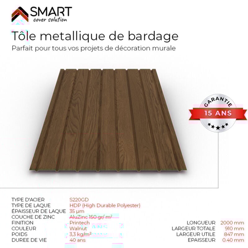 Tôle bac acier - Toiture - Couverture - plaque H12 Coloris Walnut Printech Dimensions 2000x910x0.40mm