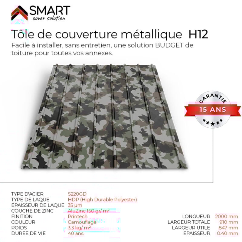 Tôle bac acier - Toiture - Couverture - plaque H12 Coloris Camouflage Printech Dimensions 2000x910x0.40 mm