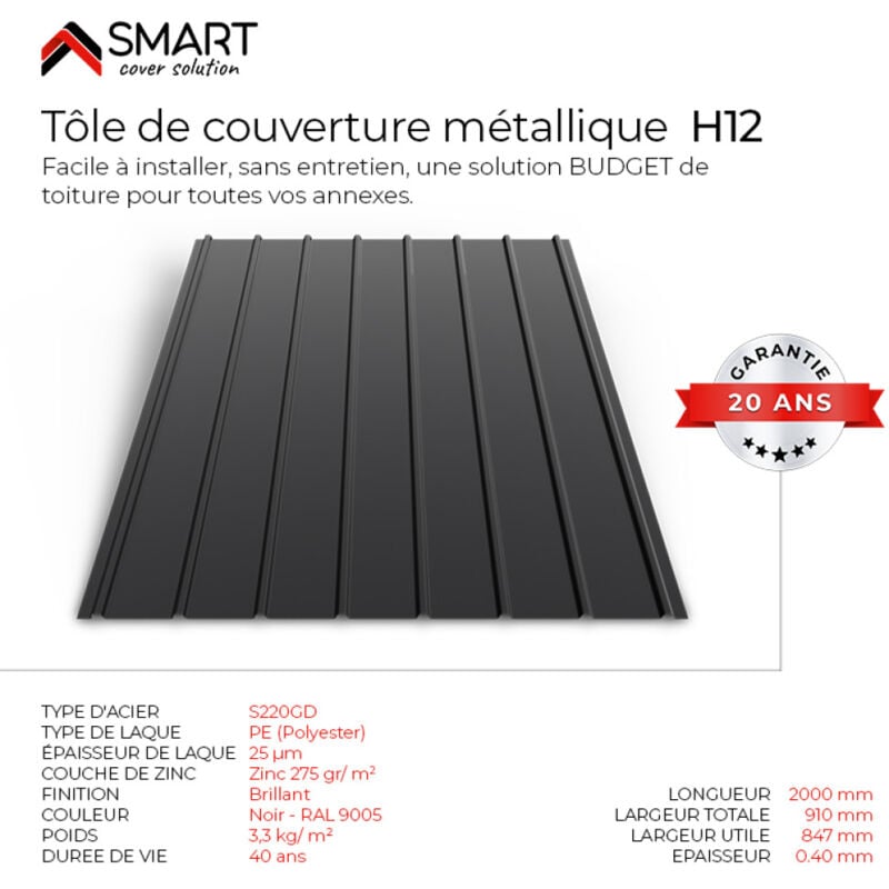 Tôle bac acier - Toiture - Couverture - plaque H12 Coloris Noir Brillant ral 9005 Dimensions 2000x910x0.40 mm