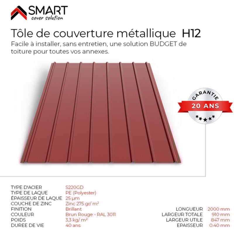 Tôle bac acier - Toiture - Couverture - plaque H12 Coloris Brun Rouge ral 3011 Dimensions 2000x910x0.40 mm
