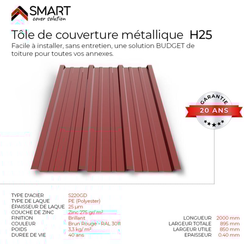 Tôle bac acier - Toiture - Couverture - plaque TR25 Coloris Brun Rouge RAL 3011 Dimensions 2000x895x0.40 mm