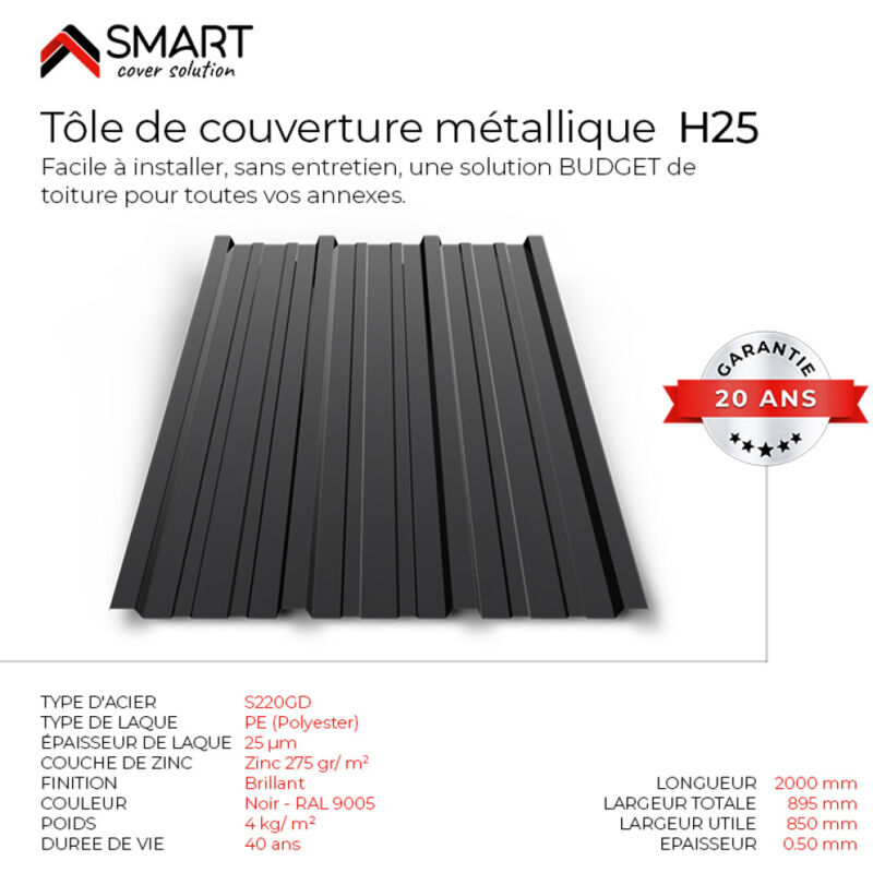 Tôle bac acier - Toiture - Couverture - plaque H25 Coloris Noir Brillant ral 9005 Dimensions 2000x895x0.50mm