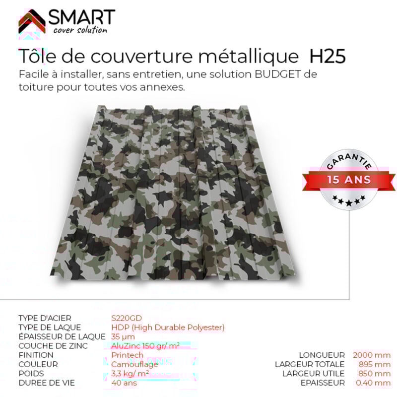 Tôle bac acier - Toiture - Couverture - plaque H25 Coloris Camouflage Printech Dimensions 2000x895x0.40 mm
