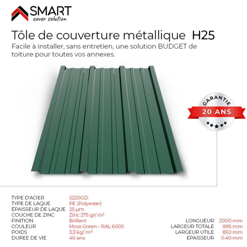 Tôle bac acier - Toiture - Couverture - plaque H25 Coloris Vert mousse ral 6005 Dimensions 2000x895x0.40 mm