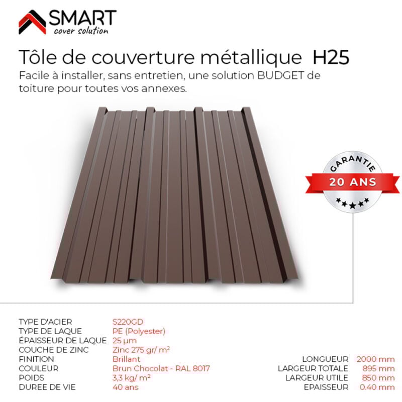 Tôle bac acier - Toiture - Couverture - plaque H25 Coloris Brun Chocolat ral 8017 Dimensions 2000x895x0.40 mm