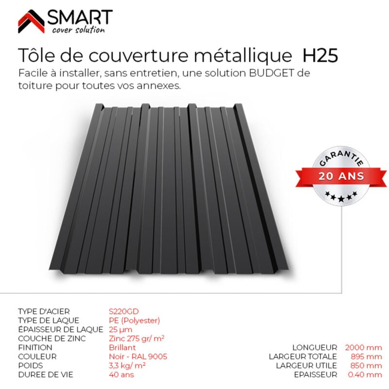 Tôle bac acier - Toiture - Couverture - plaque TR25 Coloris Noir Brillant RAL 9005 Dimensions 2000x895x0.40 mm