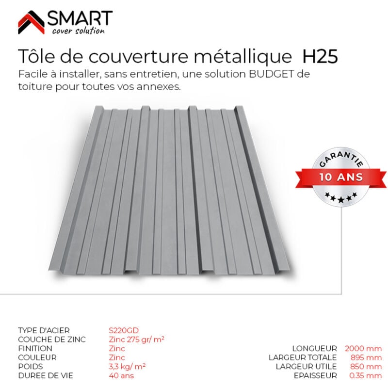 Tôle bac acier - Toiture - Couverture - plaque H25 Galvanisé Dimensions 2000x895x0.40 mm Zinc 275 gr S220GD