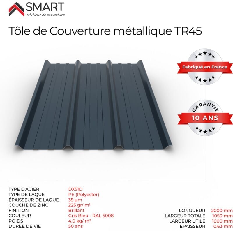 Tôle bac acier - Toiture - Couverture - plaque TR45 Coloris Gris Anthracite ral 7016 Dimensions 2000x1050x0.63mm