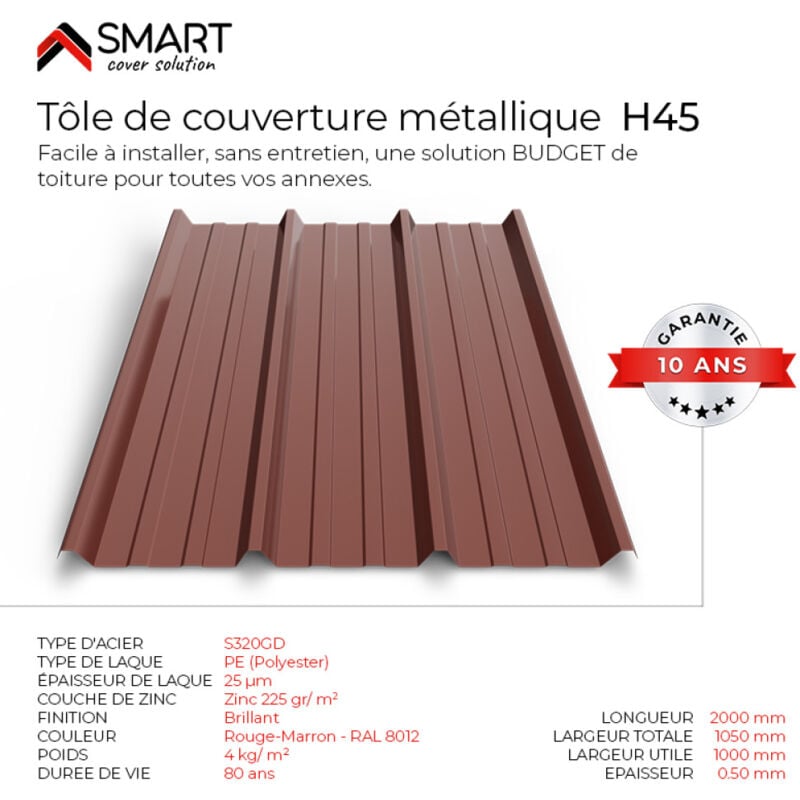 Tôle bac acier - Toiture - Couverture - plaque TR45 Coloris Rouge Marron ral 8012 Dimensions 2000x1050x0.50mm