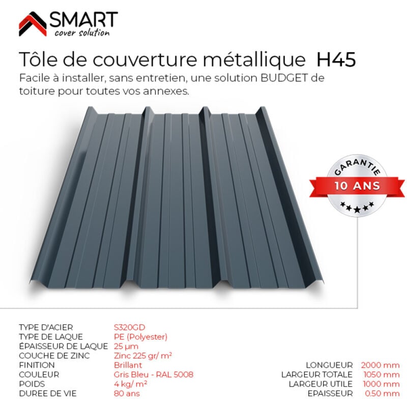 Tôle bac acier - Toiture - Couverture - plaque TR45 Coloris Gris Bleu ral 5008 Dimensions 2000x1050x0.50mm