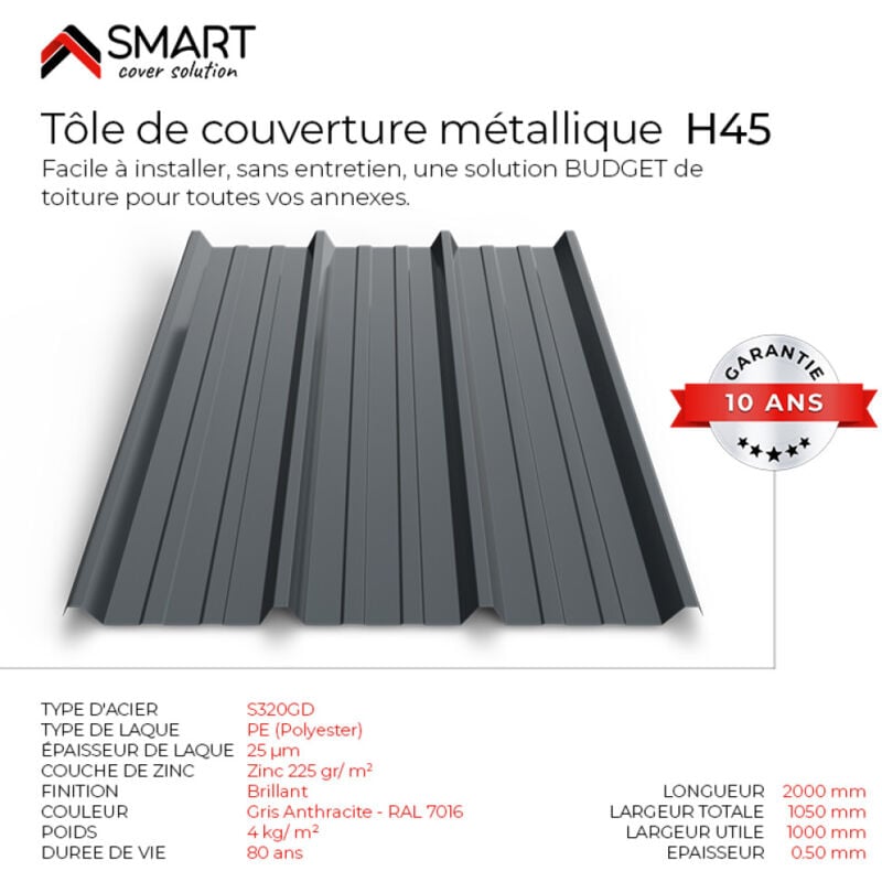 Tôle bac acier - Toiture - Couverture - plaque TR45 Coloris Gris Anthracite ral 7016 Dimensions 2000x1050x0.50mm