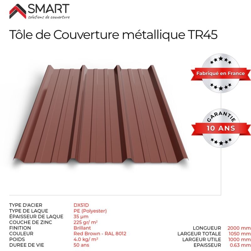 Tôle bac acier - Toiture - Couverture - plaque TR45 Coloris Rouge Marron RAL 8012 Dimensions 2000x1050x0.63mm