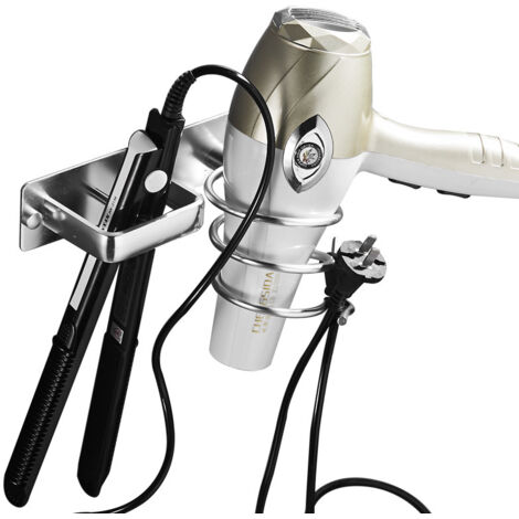 Haartrocknerhalter, Glätteisenhalter mit Kabelführung, Wandhalterung aus Metall zur Aufbewahrung von Haartrockner, Glätteisen, Haarbürsten und mehr (Silber)