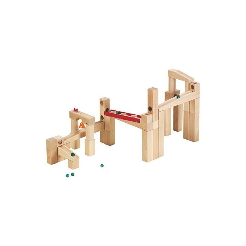 HABA 1136 Ball Track – Large basic pack- Large construction set with 42 beechwood pieces. Includes 6 glass marbles and a little bell. For ages 4 and