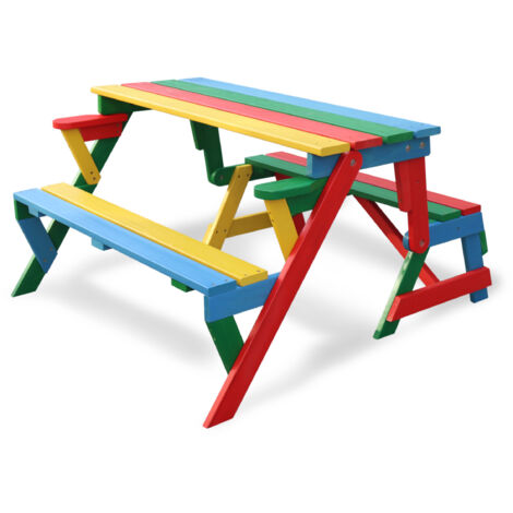 HABAU Kinderpicknickbank 2-in-1 aus Holz, klappbar, Rot / Grün / Blau / Gelb, 100 x 50 x 62 cm